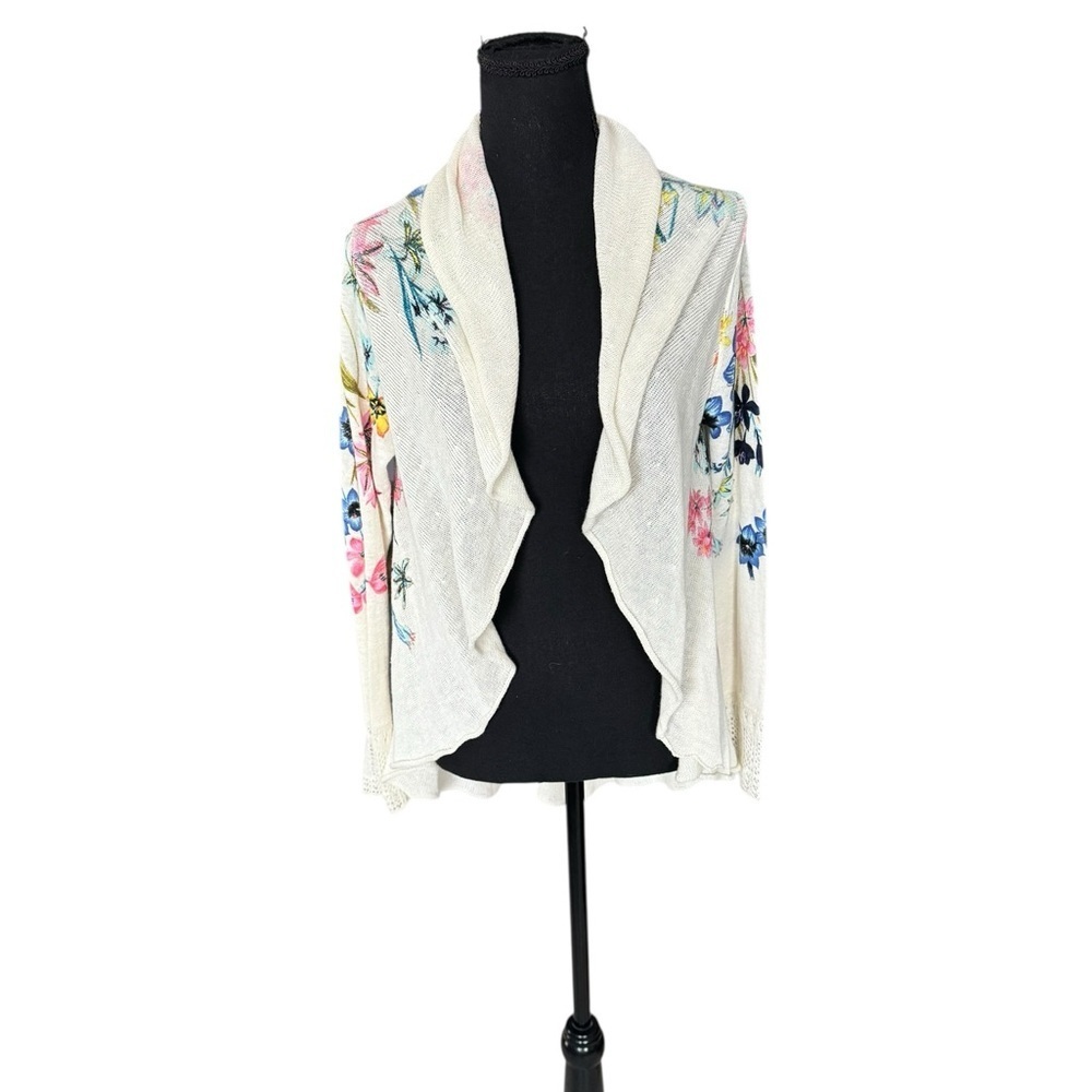 Knitted & Knotted Linen Blend Floral Cardigan Boho Coastal Cottagecore Small X11